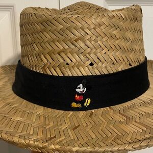 Straw Hat with Black Band and Mickey Mouse Embroidery